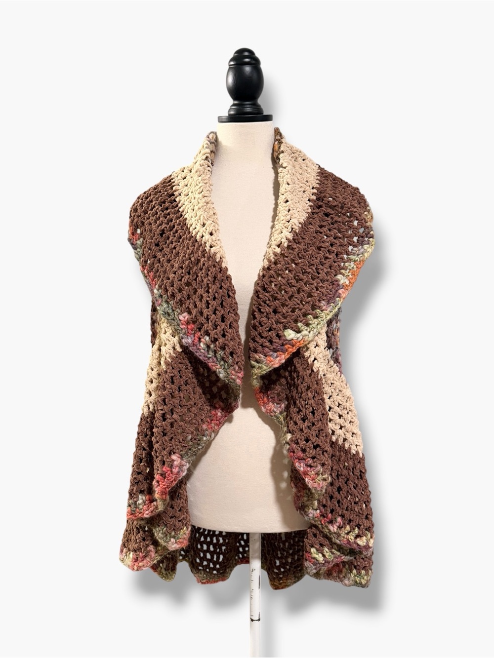 Handmade Crochet Vest Brown Cream Open Front Boho Waterfall Duster ONE SIZE